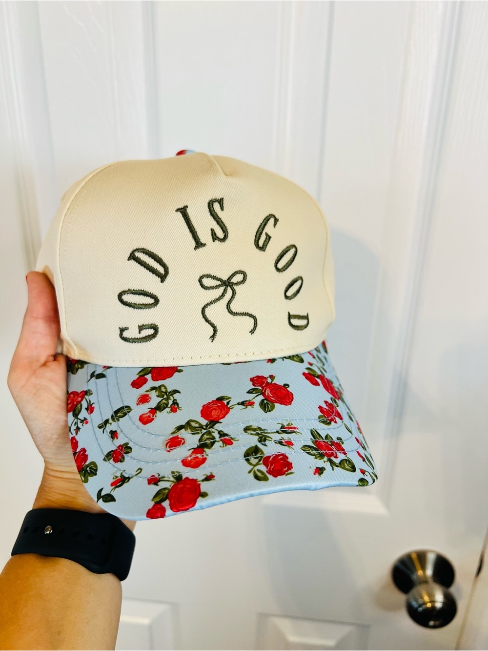 God Is Good Floral Baseball Hat - Cream and Light Blue